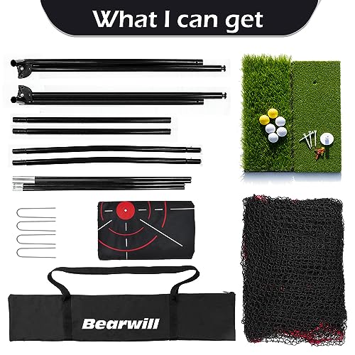 Bearwill Golf Net, 10x7ft Heavy Duty Golf Practice Net with Golf Mat, Target Cloth, 8 Golf Tees, 6 Golf Balls, Carry Bag, Golf Training Net for Backyard Driving Chipping Indoor Outdoor Training