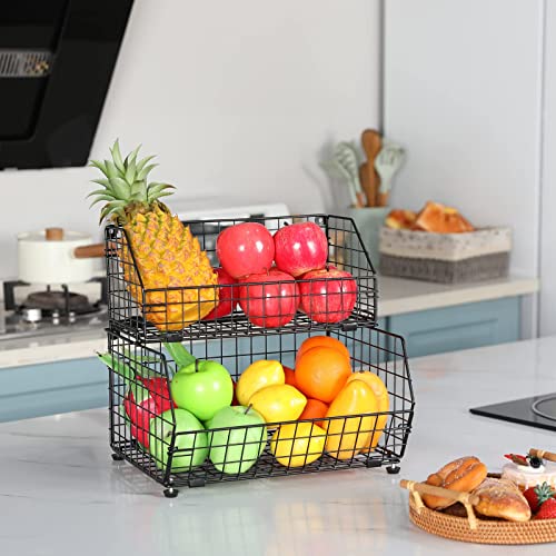 Fruit Vegetable Basket 2-Tier Wall-mounted Wire Storage Baskets Countertop Detachable Stackable Bin Kitchen Organizer Pantry Basket for Snack Canned Foods Potato Onion Storage Cabinet