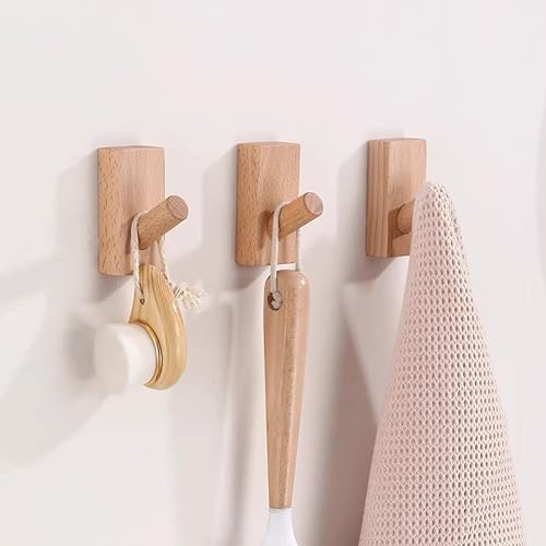 HomeDo Wood Wall Hooks, Adhesive Hooks Hat Hook, Wooden Coat Hooks Wall Mounted, Entryway Hat Rack, Decorative Hooks Single Organizer Hat Hanger Towel Rack Hook (Rectangle Beech 4Pack)