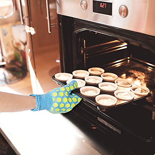 J H Heat Resistant Oven Gloves: EN407 Certified 932 °F, Sky-Blue Shell with Yellow Silicone Coating, BBQ & Oven Mitts for Grlling, Baking, Kitchen, Camping, Fireplace - Indoor& Outdoor, Women Fits All