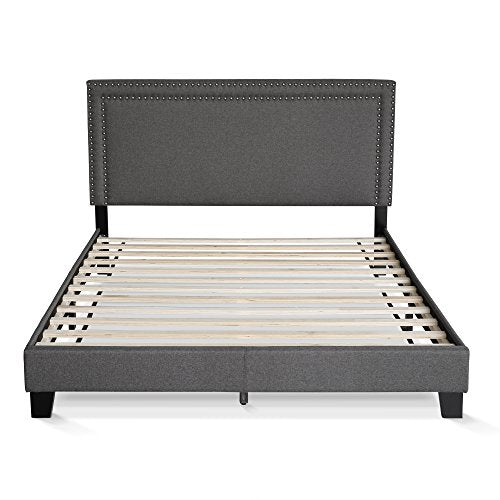 Furinno Laval Double Row Nail Head Upholstered Platform Bed Frame, Queen, Stone