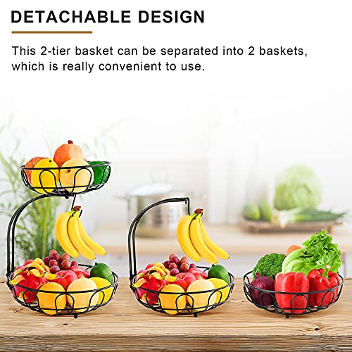 2 Tier Fruit Basket for Kitchen Countertop Detachable Metal Wire Fruits Vegetable Storage Bowl Tiered Stand Holder with Banana Hanger for Dining Table Organizer