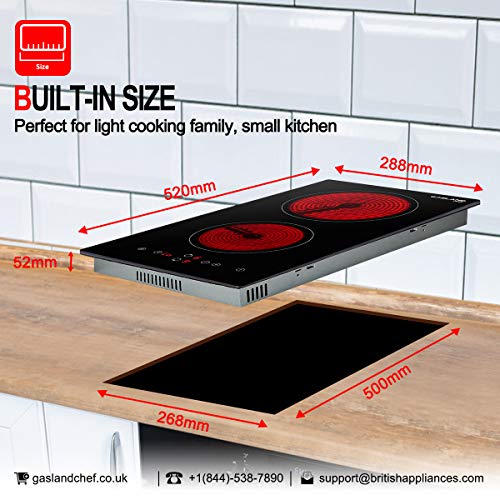 GASLAND chef CH30BF 30cm Built-in Ceramic Cooktop 3000W Total Output, 2 Burners Electric Cook Stove in Glass, with Touch Control Timer Child Lock
