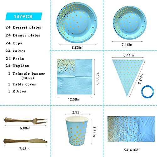 Blue Paper Plate Cup and Cutlery Set, COOVCCO 123 Pieces Golden Dot Party Dinnerware Set Includes Paper Plate Napkin Cup Straw and Tablecloth for Birthday Weddings Anniversary
