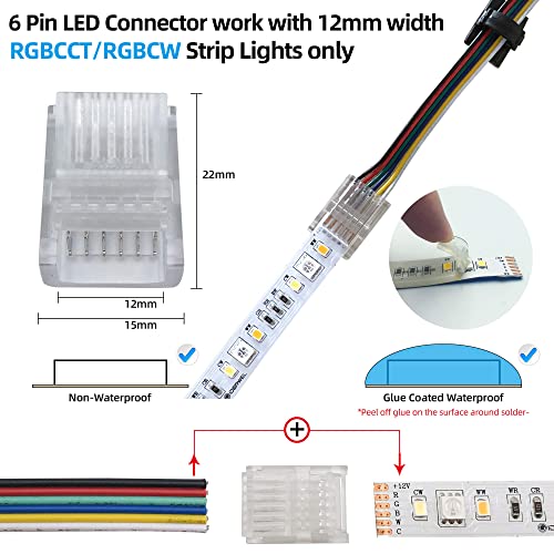GIDEALED RGBWW 6-Pin LED Strip Connector Kit with 5 m Extension Cable, 12 mm LED Strip RGBCW to Cable, Solderless Transparent LED Connection for All Standard 6-Pin RGBCCT LightStrip Plus