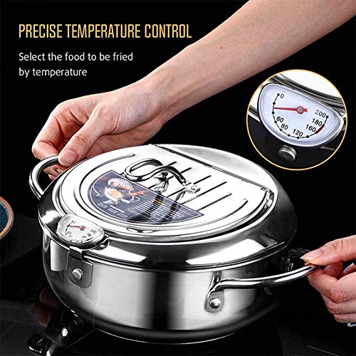 Deep Frying Pan,Temperature Control Fryer,Tempura Fryer Pot,Japanese Style Tempura deep Fryer with Thermometer,Lid and Oil Drip Rack,Nonstick Fryer Pot for Kitchen Cooking 20cm/304