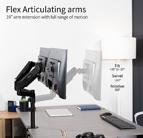 VIVO Dual Arm Computer Monitor Desk Mount with Pneumatic Height Adjustment, Full Articulation, Vesa Stand with C-Clamp and Grommet, Holds 2 Screens Up to 32 Inches (Stand-V002K)