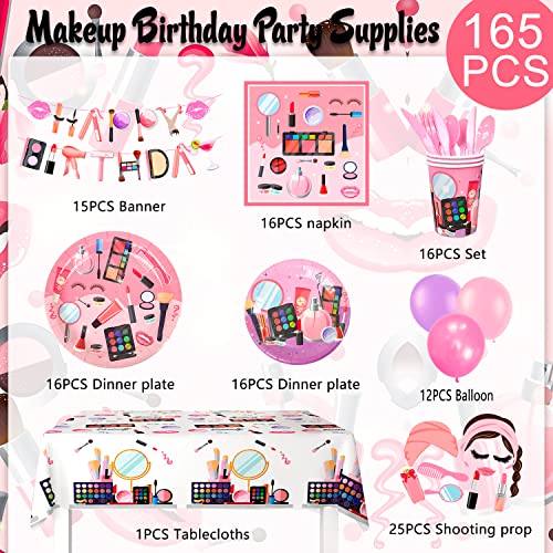 Makeup Birthday Party Supplies,165pcs Spa Party Decorations&Tableware Set-Spa Party Plates Napkins Cups Tablecloth Balloons Banner Photo Booth Props etc Spa Birthday Supplies for Girls Kids Adults