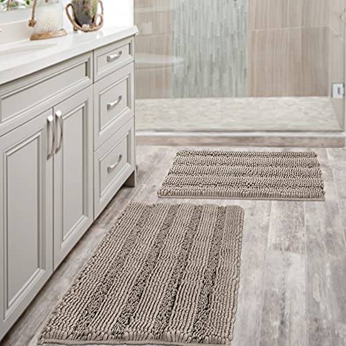 Smarcute Chenille Bath Mat Non Slip Bath Mat Set for Bathroom Extra Thick Soft Striped Bath Rug Water Absorbent Shag Carpet for Bathroom - (2 Piece - 50cm x 81cm / 43cm x 61cm) Khaki