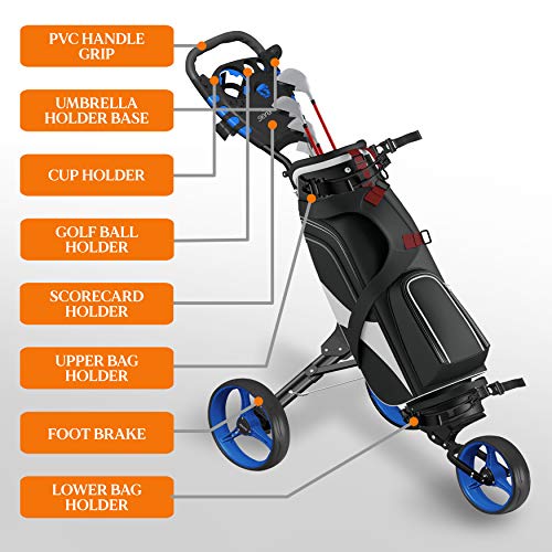 SereneLife 3 Wheel Golf Push Cart - Lightweight Folding Golf Walking Push Cart Roller Golf Bag Holder w/Upper/Lower Bracket w/Elastic Strap, Scorecard, Cup, & Bag Storage Holder - SereneLife SLG3W