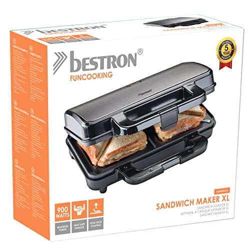 Bestron XL Sandwich Maker, Non-Stick Sandwich Toaster for 2 Sandwiches, Includes Automatic Temperature Control & Readiness Indicator, 900 Watt, Titanium Grey