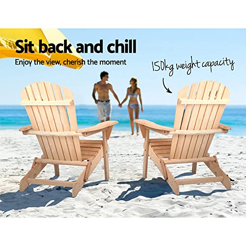 Gardeon Beach Chair 2pcs Wooden Folding Outdoor Chairs Camping Adirondack, Patio Furniture Lounge Armchair Garden Pool Backyard Picnic Hiking Fishing Wood Weather-Resistant Natural