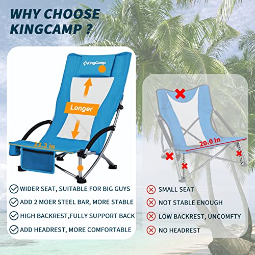 KingCamp Beach Chair High Back Lightweight Folding Backpack Chair with Cup Holder Pocket Pillow Bag for Outdoor Camping Sand Concert Lawn Festival Sports, Blue