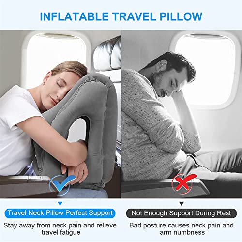 Inflatable Travel Pillow for Airplanes, Inflatable Neck Air Pillow for Sleeping to Avoid Neck and Shoulder Pain, Support Head, Neck and Lumbar, Used for Airplane, Car, Bus and Office (Grey)