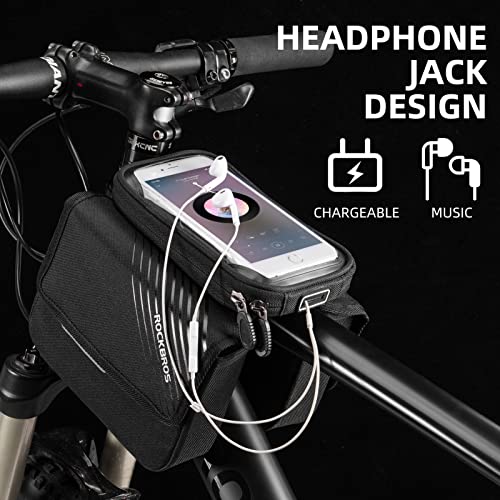 ROCKBROS Bike Frame Bag Waterproof Top Tube Bike Bag Large Storage Touch Screen Bike Cell Phone Holder Suitable for IphoneX,11,12,13,14 Below 6.4'', Black