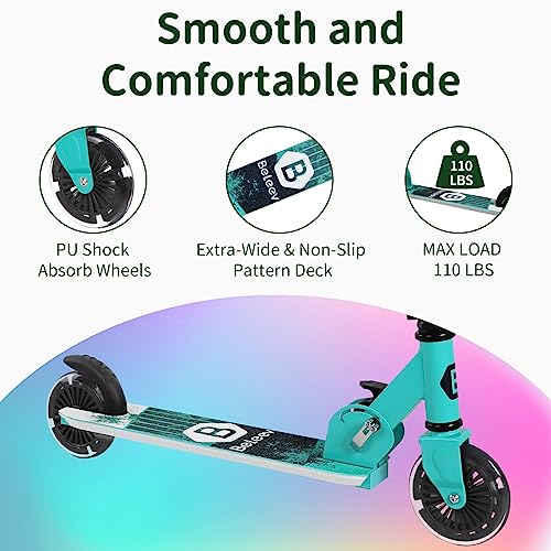 BELEEV Scooters for Kids Ages 3-12 with Light-Up Wheels & Stem & Deck, 2 Wheel Folding Scooter for Girls Boys, 3 Adjustable Height, Non-Slip Pattern Deck, Lightweight Kick Scooter for Children