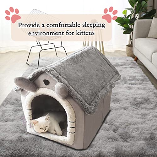 Cat Bed and Small Dog Bed, Self-Warming Cat Tent Cave for Kittens and Small Dogs Triangle Cat House Hut with Washable Cushion for Outdoor and Indoor (Medium, Grey)