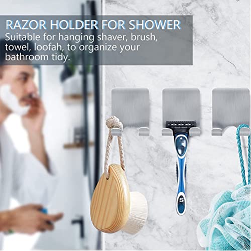 iDopick 4PCS Razor Holder for Shower, Premium 304 Stainless Steel Waterproof No Drilling Shaver Holder, Heavy Duty Self Adhesive Towel Hooks for Kitchen Bathroom, Multi Purpose Bathrobe Loofah Hooks