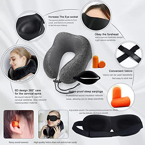 DAWNTREES Travel Pillow Neck Support,Memory Foam Neck Pillows for Travel Airplane, 360-Degree Head Support,Travel Kit with 3D Contoured Eye Masks,Earplugs.