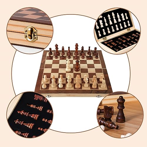 Chess Board, Magnetic Chess Sets Wooden Travel Chess Set for Adults and Kids, Folding Chess Board Set with Crafted Chess Pieces Includes Extra Queens