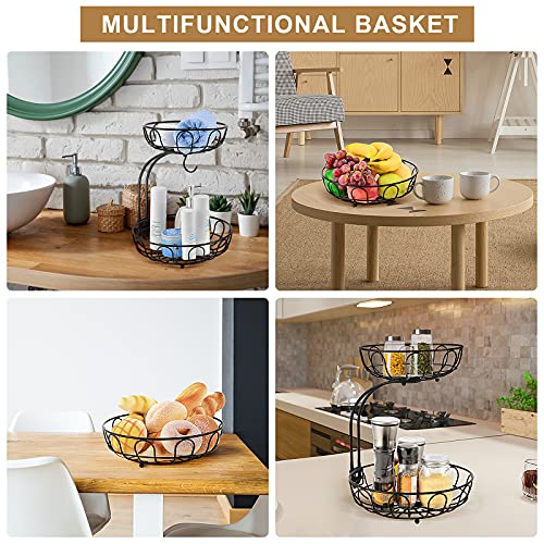 2 Tier Fruit Basket for Kitchen Countertop Detachable Metal Wire Fruits Vegetable Storage Bowl Tiered Stand Holder with Banana Hanger for Dining Table Organizer