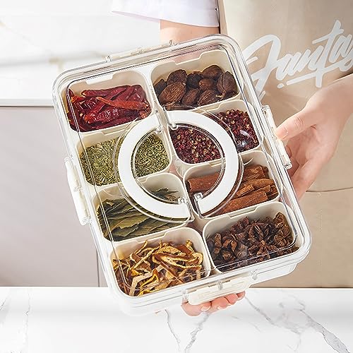 Divided Serving Tray with Lid and Handle Snack Platters Organizer with 8 Compartments Reusable Plastic Appetizer Tray Good Sealing Snack Divided Platter for Nut Candy Snacks