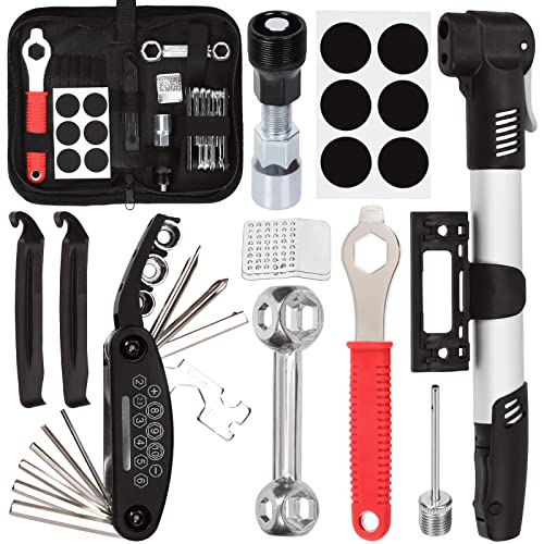 Swpeet 11Pcs Bike Repair Tool Kit, Reversible Drive Ratchet Tool, 16 in 1 Multi Tool, Crank Extractor and Spanner, Bicycle Air Pump, Repair Tool Accessories Set with Store Bag for Road Mountain Bike