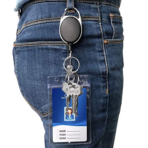 6 Pcs Retractable Badge Holders with 10 Pcs Waterproof Transparent Card Holder, SENHAI Carabiner Belt Clip Split Ring and Vertical Style Clear ID Card Holders