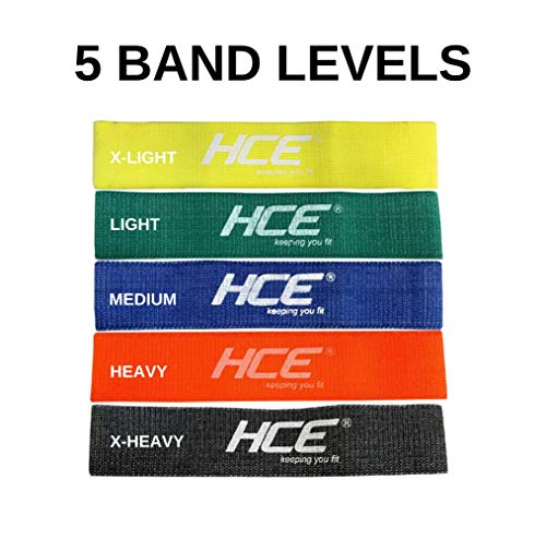 HCE Resistance Bands Set of 5 Fabric Resistance Bands, Butt Glutes Thighs Stretch Bands Made of Fabric 5-Pc Non-Slip Loop Bands for Workout Crossfit Yoga Pilates with Bag