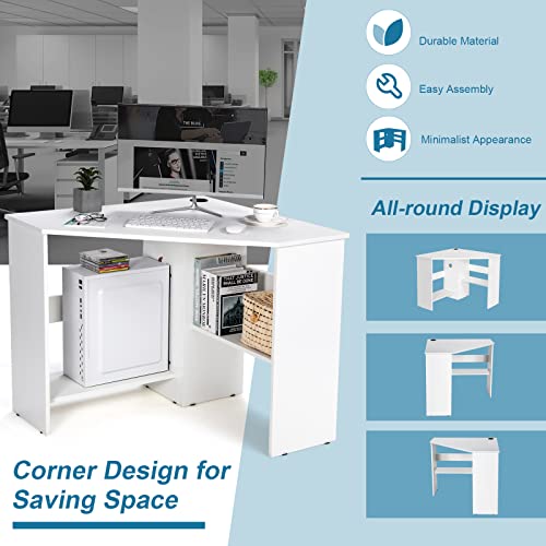 Compact Corner Desk, Corner Study Working Table, Space-Saving, w/ Bookshelves & Cable Hole & Host Storage Shelf, Triangle Computer Desk Writing Workstation, Ideal for Limited Space, Home, Office, Living Room, Bedroom, Black/White (White)