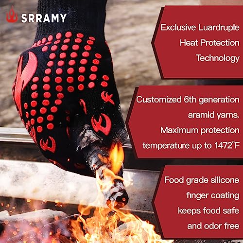 Srramy BBQ Gloves - 1472°F Extreme Heat Resistant, Fireproof, Ideal for Grilling, Barbecuing, Baking, Smoking, and Camping. Suitable for Both Men and Women, Perfect for Handling Hot Food Safely