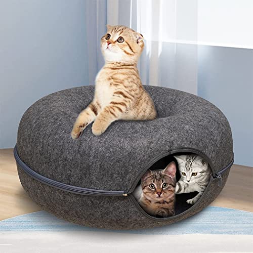 iDopick Cat Tunnel Bed,Detachable Felt Tunnel Cat Nest, Four Seasons Available Round Cat Condo and Cat Cave with Peek Hole, Semi-Closed Washable Interior Cat Play Tunnel for Dogs Cats