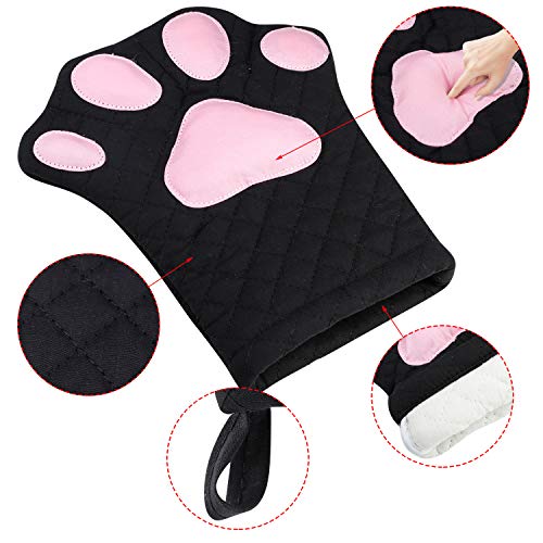 Oven Mitts,Cat Design Heat Resistant Cooking Glove Quilted Cotton Lining- Heat Resistant Pot Holder Gloves for Grilling & Baking Gloves BBQ Oven Gloves Kitchen Tools Gift Set BBQ,Microwave (Black)