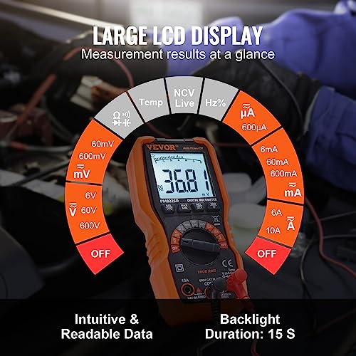 VEVOR Digital Multimeter, 6000 Counts, Multimeter Tester DC AC Voltmeter NCV, Ohm Volt Amp Tester, for Voltage Current Resistance Capacitance Continuity Diode Temperature Duty Ratio Frequency TRMS