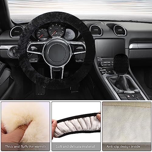 Womens Winter Fashion Wool Fur Steering Wheel Covers 3Pcs Set, Soft Fluffy Handbrake Cover Fluff Gear Shift Cover Plush Fuzz Warm Non-Slip Car Decoration Short Hair (Beige, 15 icnh)