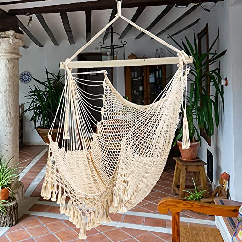 Hammock Chair, Large Hanging Chair, Soft Cotton Rope Swing Chair with High Load-Bearing Metal Rod,Indoor Outdoor Garden Yard Living Room,Max 150kg