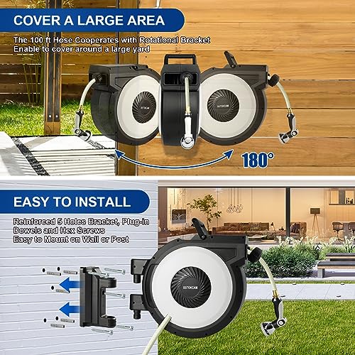 Heavy Duty Retractable Garden Hose Reel by BSTOKCAM, 100 ft Wall Mount Water Hose Reels Outdoor Organizer- Self winding Hose Reel Automatic Recoil Storage, Include Sprayer & Nozzle