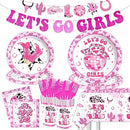 Lets Go Girls Party Decorations-143Pcs Cowgirl Disco Tableware Set Cowgirl Hot Pink Bachelorette Party Supplies Cow Print Lets Go Girls Plates and Napkins for Birthday,Bridal Shower