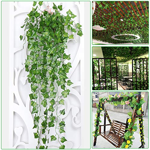 84 Ft 12 Pack Artificial Ivy Leaf, MerryNine Hanging Vines Fake Ivy Leaves Plants Fake Foliage Flowers Fake Greenery Decor for Home Kitchen Garden Office Wedding Wall Party Decoration(Ivy Leaf)