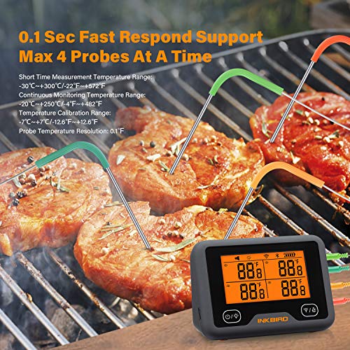 Inkbird Wifi Bluetooth Grill Thermometer IBBQ-4BW Rechargeable Wireless BBQ Thermometer with 4 Probes support Temp Graph Calibration Timer, High Low Temp Alarm Digital Meat Thermometer for Smoker Oven Kitchen Drum Android iOS