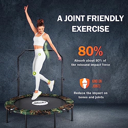 Genki 48 Inch Foldable Mini Trampoline Exercise for Adults Children Outdoor Indoor Gym Fitness Workout Rebounder Jumping Camouflage,Adjustable Handrail