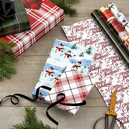 Hallmark Reversible Christmas Wrapping Paper (3 Rolls: 120 sq. ft. TTL) Vintage Santa, Snowmen, Traditional Green, Red and White Plaids