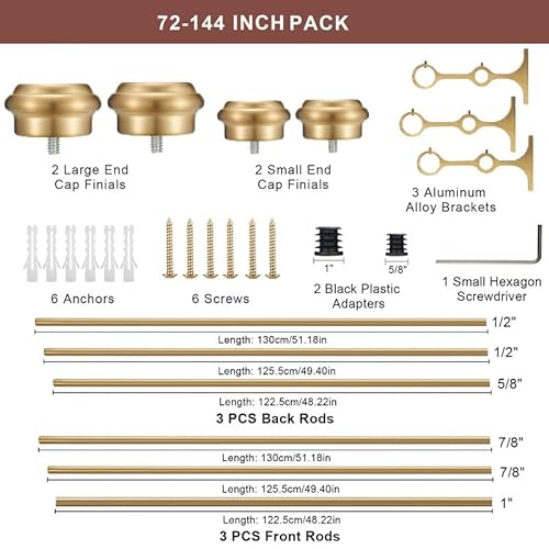Warm Gold Double Curtain Rods for Windows 72-144", Double Drapery Rods with End Cap Finials, Adjustable 1-Inch Front and 5/8 Inch Back Double Rod Curtain Rods, Telescoping Double Window Rods Warm Gold