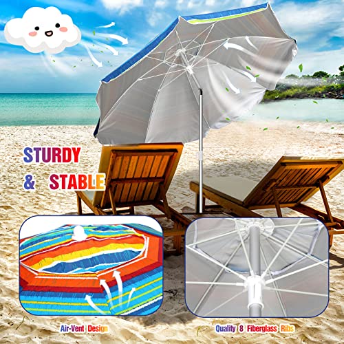 WILLBOND 3 Pack Beach Umbrellas for Sand 6.5FT Outdoor Portable Beach Umbrella with Sand Anchor UV 50+ Windproof Sunshade Umbrella with Tilt Pole Carry Bag for Beach Patio Garden (Red Blue Stripes)