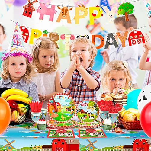 Farm Animal Party Supplies,130pcs Farm Animal Party Tableware Set - Farm Animals Paper Plates Cups Napkins Tablecloth Banner etc Barnyard Animals Birthday Party Tableware Supplies for Kids, Serves 16