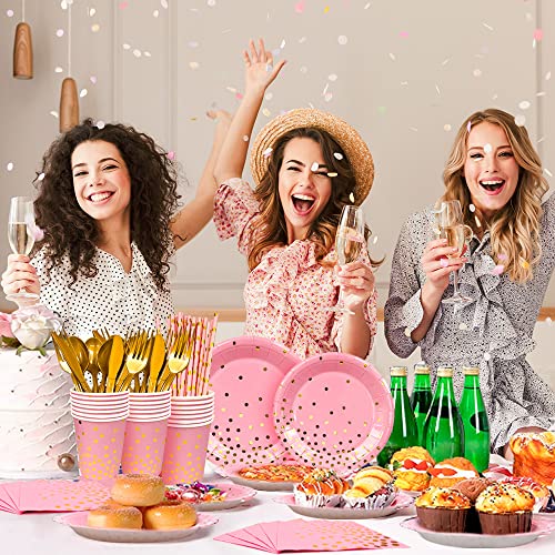 Pink & Gold Party Tableware Set, 193pcs Pink Dot Tableware Set - Pink and Gold Paper Plates Cups Napkins & Pink Gold Polka Dot Tablecloth etc Pink and Gold Party Supplies Tableware