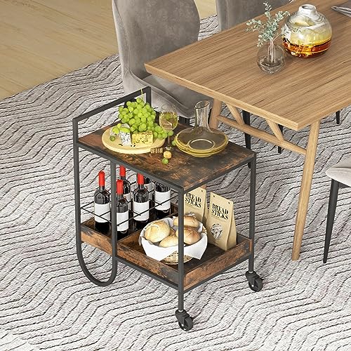 Giantex Bar Cart, Liquor Beverage Serving Cart with 6-Bottle Removable Metal Wire Wine Rack, Modern Kitchen Cocktail Cart with Wheels, 2 Tier Kitchen Rolling Bar Carts for Living Room, Rustic Brown