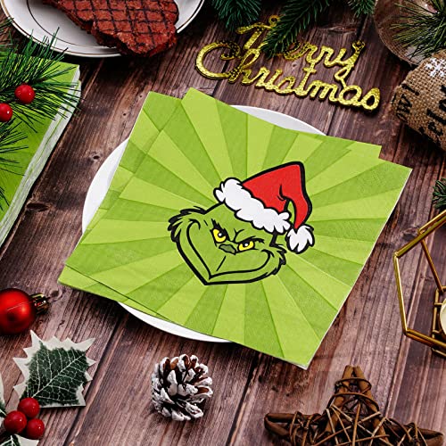 Whaline 80 Pack Christmas Paper Napkins 6.5 Inch Cute Red Green Disposable Napkins Xmas Cartoon Character Merry Christmas Dinner Table Napkins for Christmas Winter Holiday Birthday Party Supplies