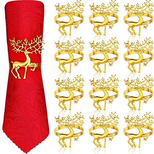 WILLBOND Christmas Napkin Rings Holders Deer Napkin Rings for Christmas Dinners Parties, Wedding Adornment, Table Decor for Christmas and Home Kitchen Dining Table Linen Accessories (Gold, 12)