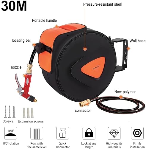 BESTSOON 30M Wall Mounted Hose Reel Retractable, Heavy Duty Garden Hose Reel Any Length Lock/Automatic Rewind/180° Swivel Bracket